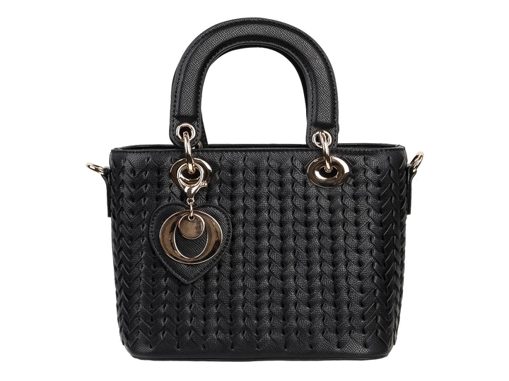 Bolso de mano negro con textura tejida, asas cortas y detalles metálicos dorados en forma de corazón.