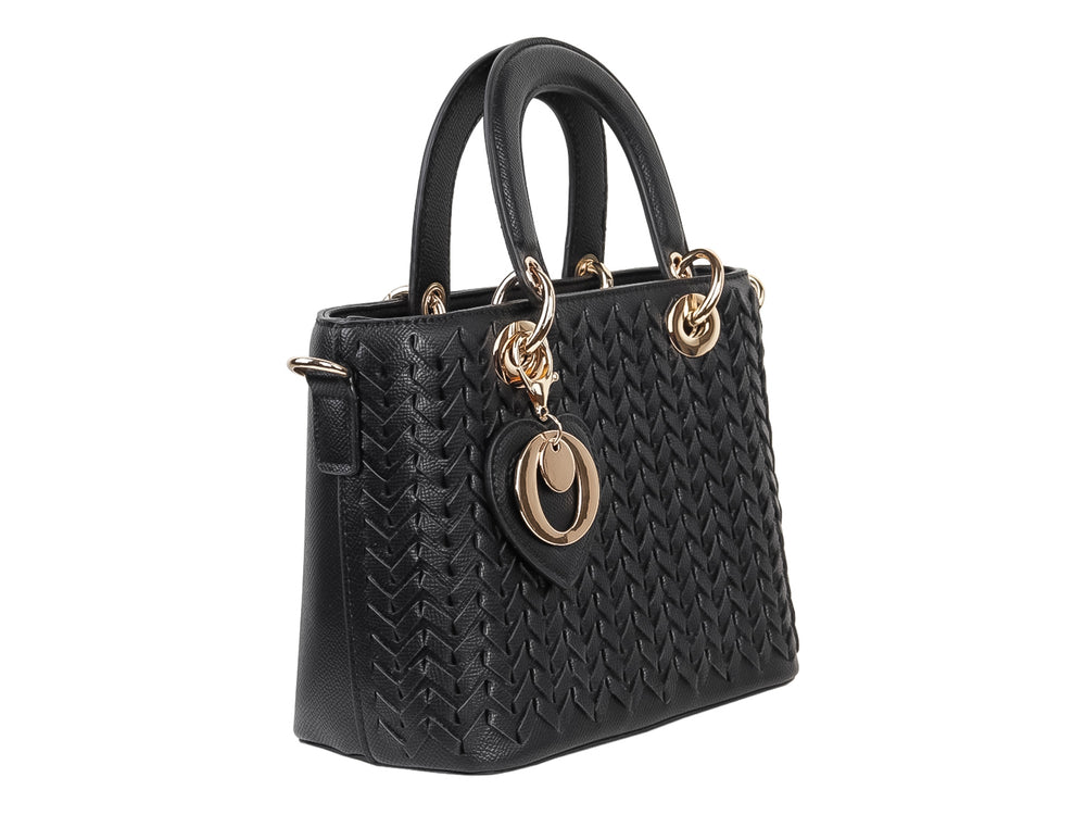 Bolso de mano negro con textura tejida, asas cortas y detalles metálicos dorados en forma de corazón.