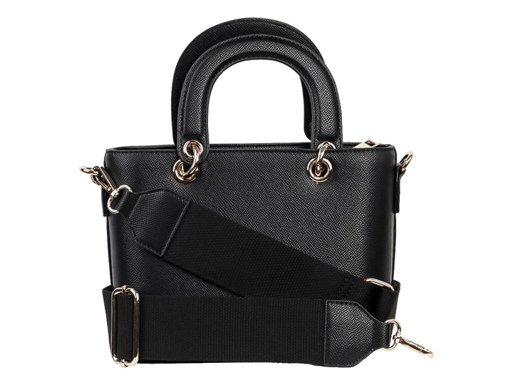 Bolso de mano negro con textura tejida, asas cortas y detalles metálicos dorados en forma de corazón.
