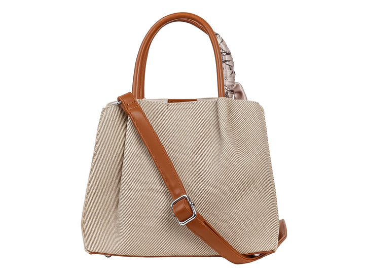 Bolso tote color beige con asas redondas marrones y un pañuelo decorativo atado al asa.