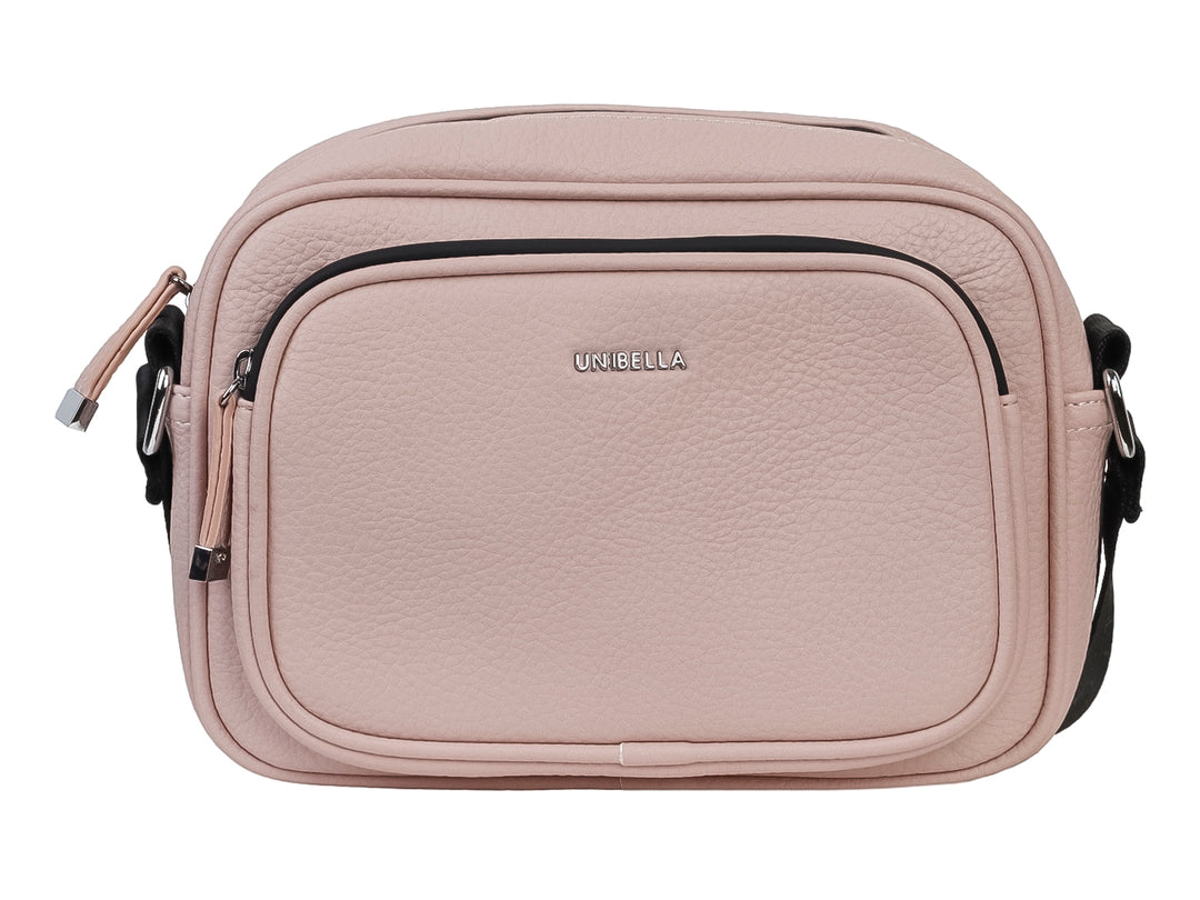 Bolso bandolera color rosa pastel de la marca Unibella con detalles en negro y textura granulada.