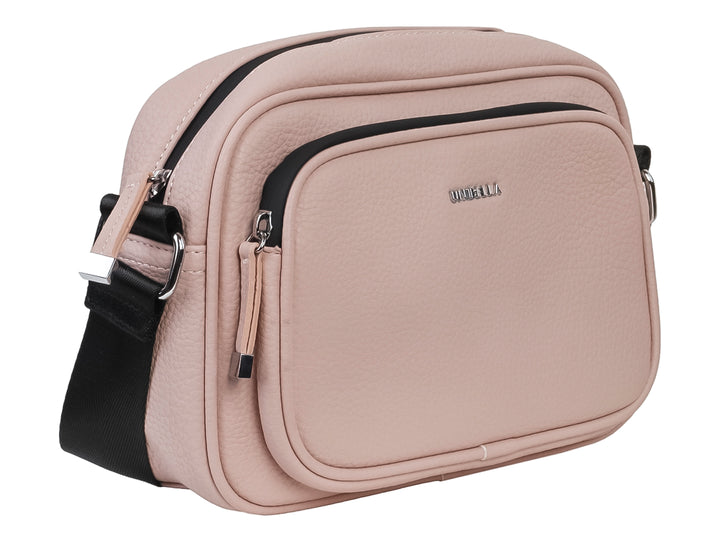 Bolso bandolera color rosa pastel de la marca Unibella con detalles en negro y textura granulada.