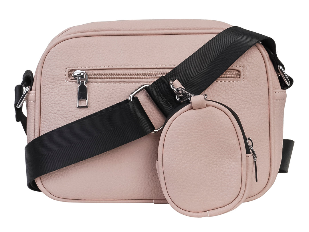 Bolso bandolera color rosa pastel de la marca Unibella con detalles en negro y textura granulada.