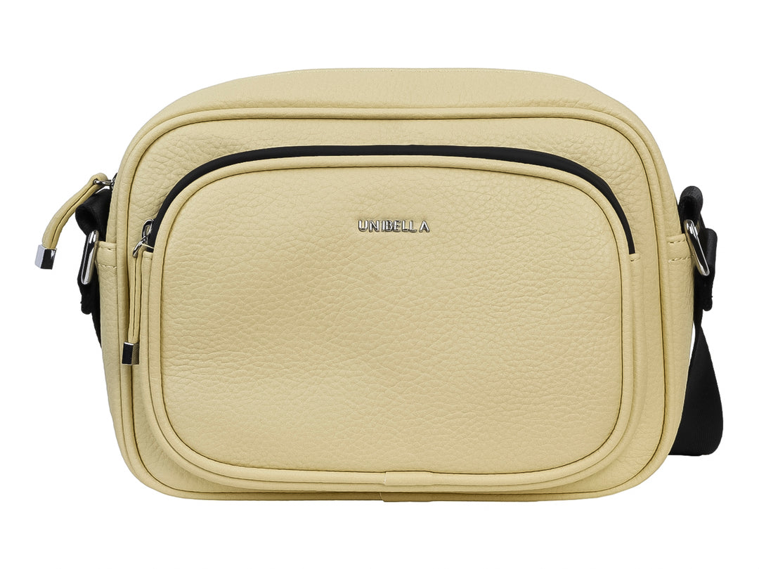 Bolso bandolera color amarillo con detalles en negro y textura rugosa de la marca Unibella.