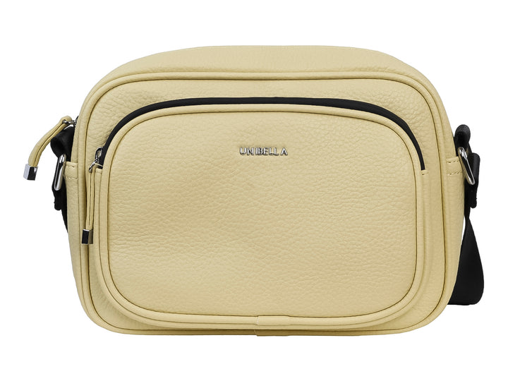Bolso bandolera color amarillo con detalles en negro y textura rugosa de la marca Unibella.