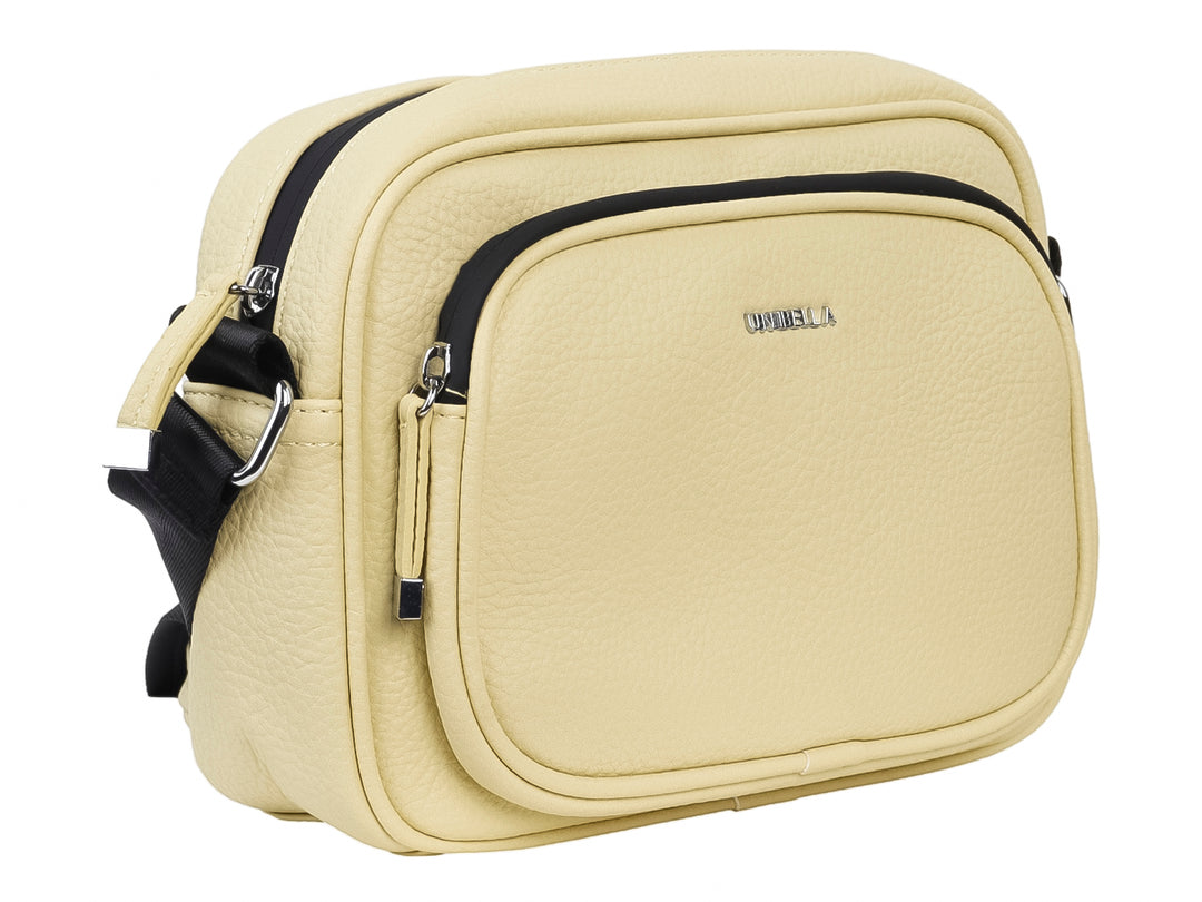 Bolso bandolera color amarillo con detalles en negro y textura rugosa de la marca Unibella.