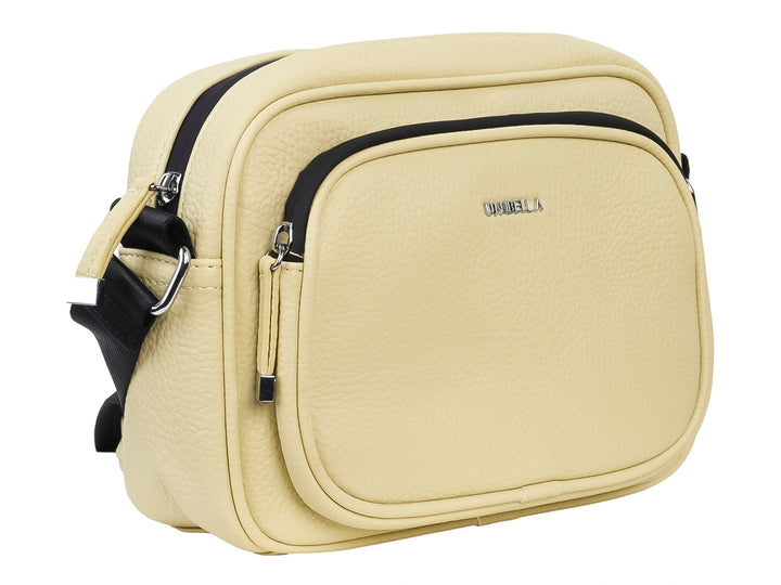 Bolso bandolera color amarillo con detalles en negro y textura rugosa de la marca Unibella.