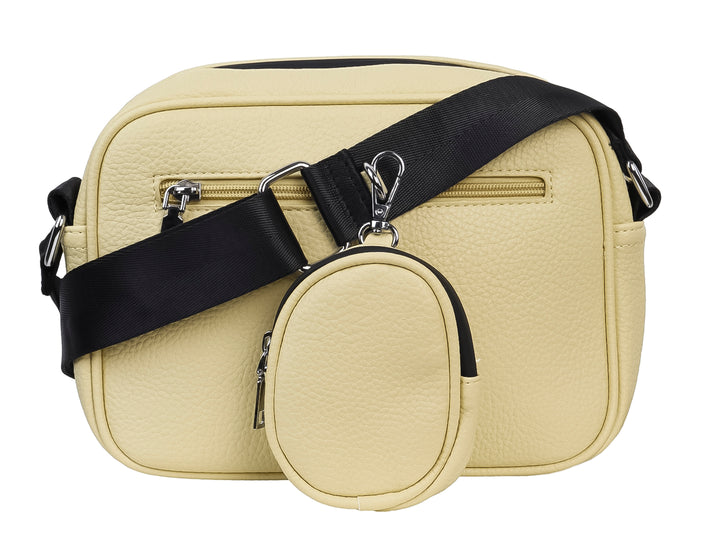 Bolso bandolera color amarillo con detalles en negro y textura rugosa de la marca Unibella.