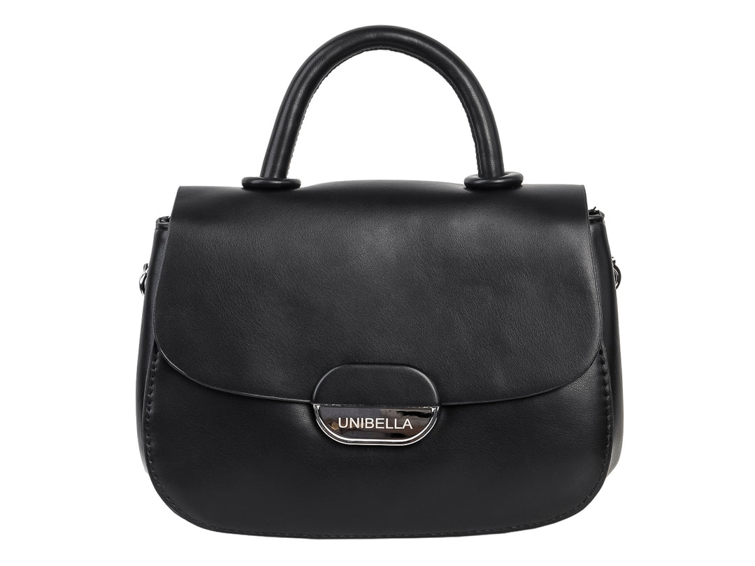 Bolso de mano Unibella color negro con asa superior, cierre de solapa y placa metálica frontal.