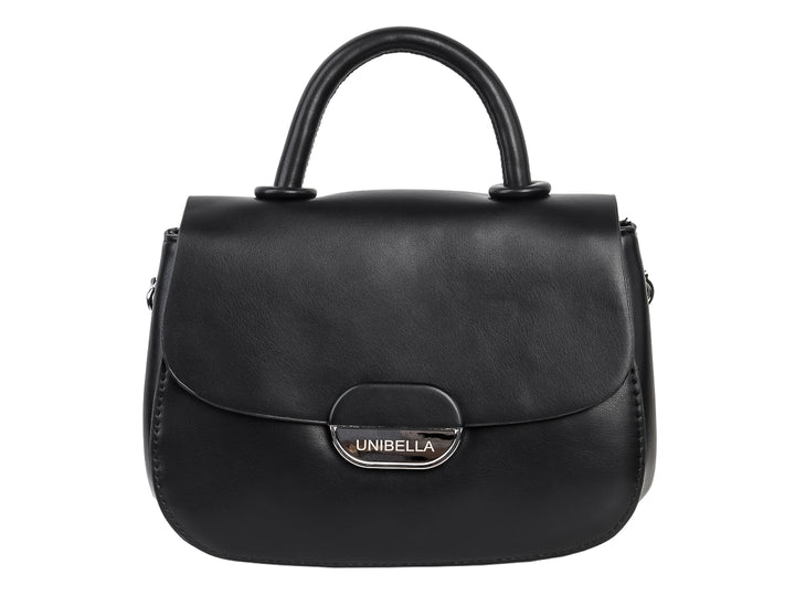 Bolso de mano Unibella color negro con asa superior, cierre de solapa y placa metálica frontal.