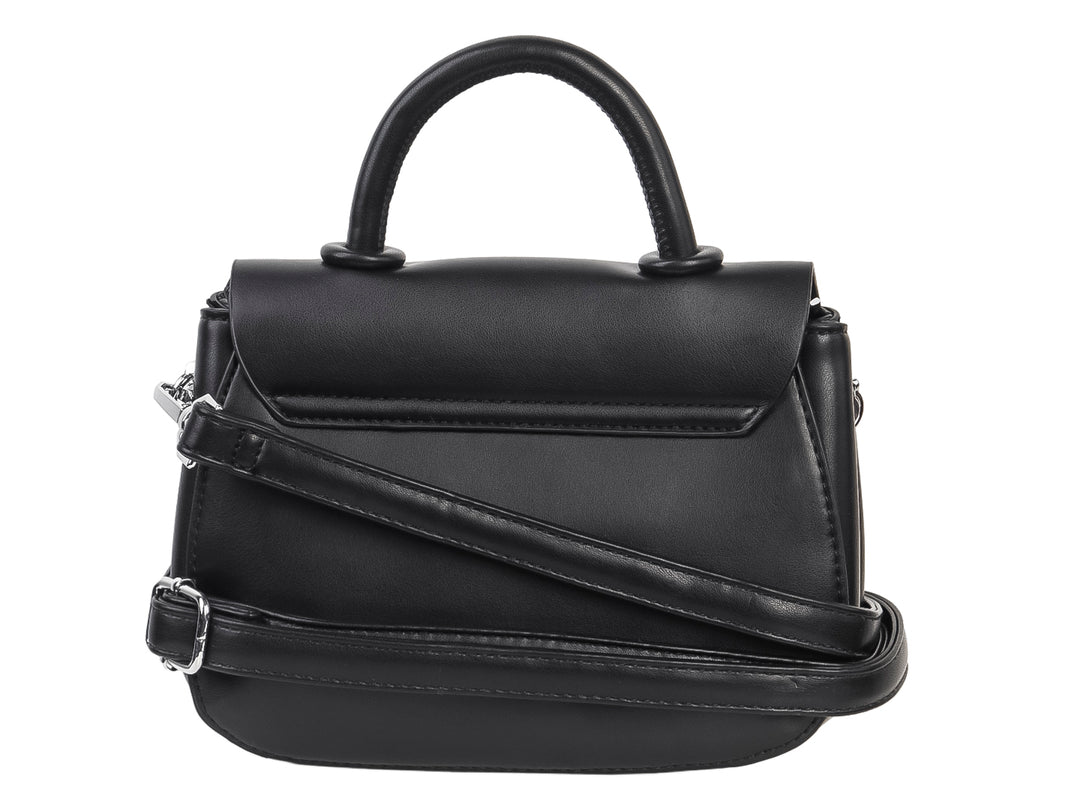 Bolso de mano Unibella color negro con asa superior, cierre de solapa y placa metálica frontal.