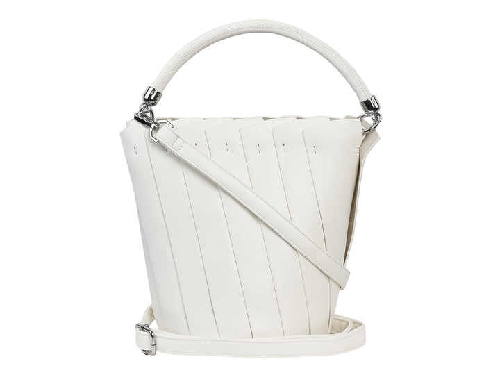 Bolso de mano Unibella color beige con diseño plisado y asa circular superior.