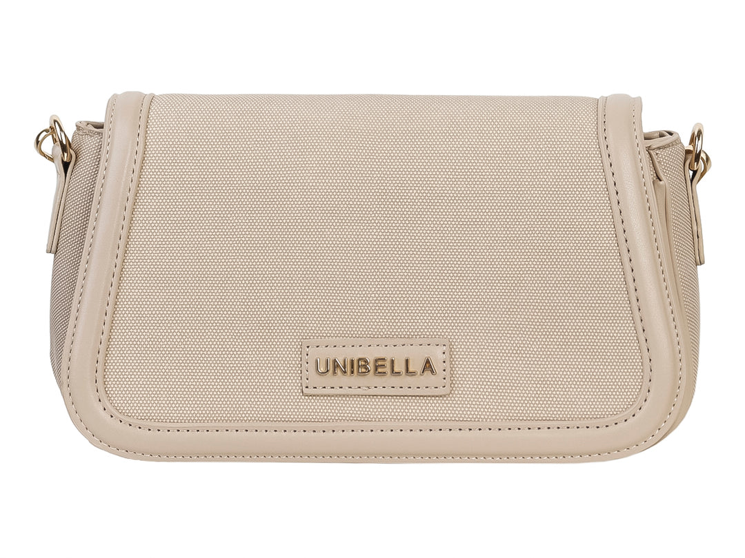 Bolso de hombro rectangular color apricot de la marca Unibella con acabado mate y textura sintética.