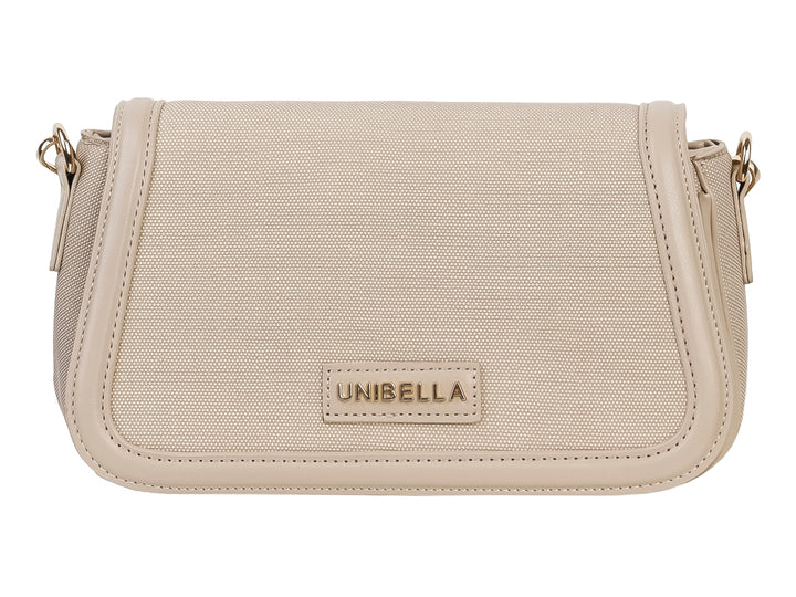 Bolso de hombro rectangular color apricot de la marca Unibella con acabado mate y textura sintética.