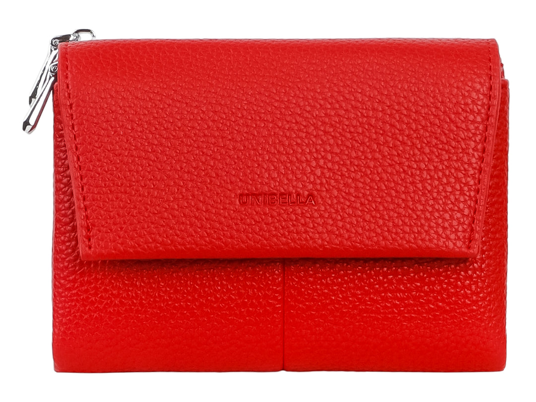 Cartera pequeña de color rojo con textura rugosa, cierre metálico y marca Unibella grabada.