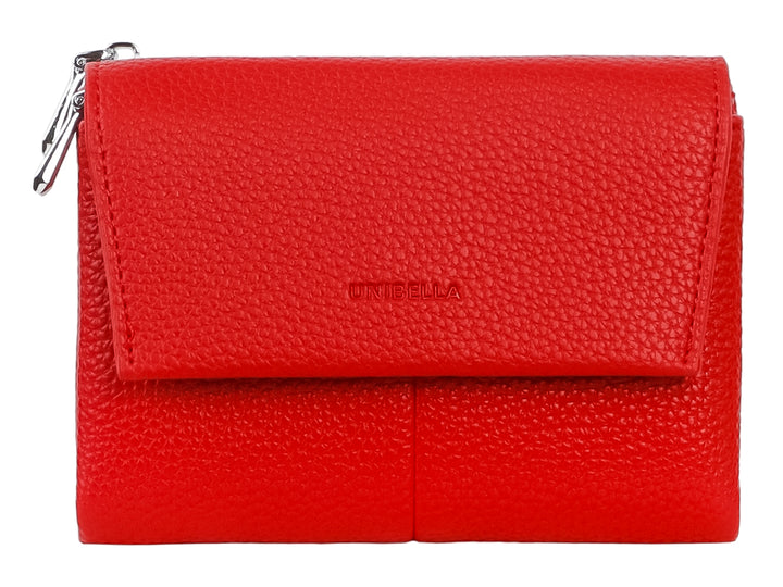 Cartera pequeña de color rojo con textura rugosa, cierre metálico y marca Unibella grabada.