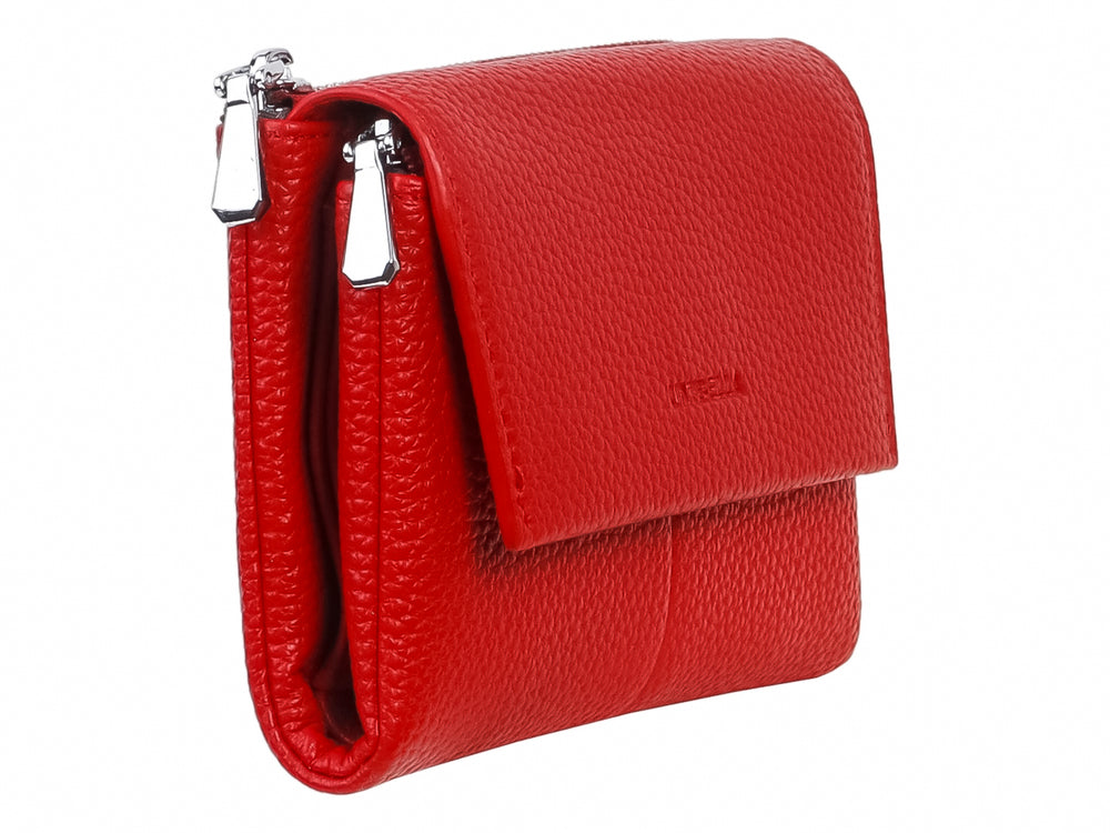 Cartera pequeña de color rojo con textura rugosa, cierre metálico y marca Unibella grabada.
