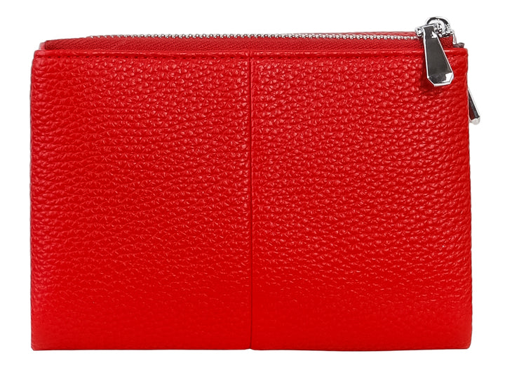 Cartera pequeña de color rojo con textura rugosa, cierre metálico y marca Unibella grabada.