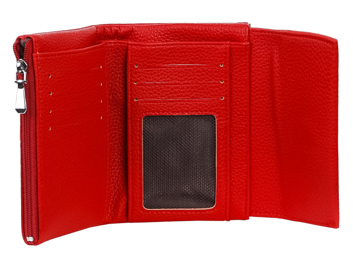 Cartera pequeña de color rojo con textura rugosa, cierre metálico y marca Unibella grabada.