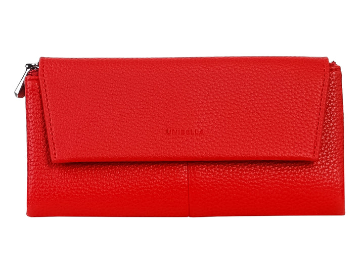 Cartera rectangular de color rojo con textura rugosa, solapa frontal y cierre lateral.