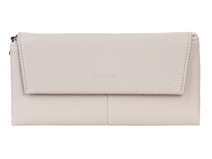 Cartera Unibella de color beige con textura rugosa y solapa frontal.