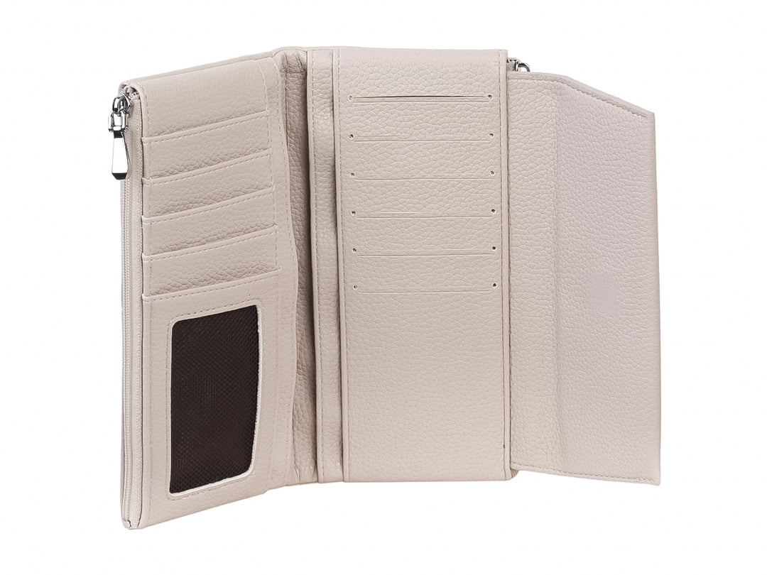 Cartera Unibella de color beige con textura rugosa y solapa frontal.