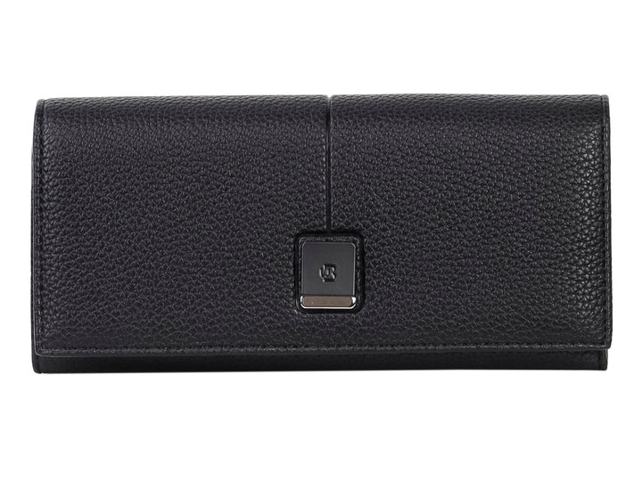 Bolso estilo cartera color negro con textura rugosa y cierre metálico central cuadrado.