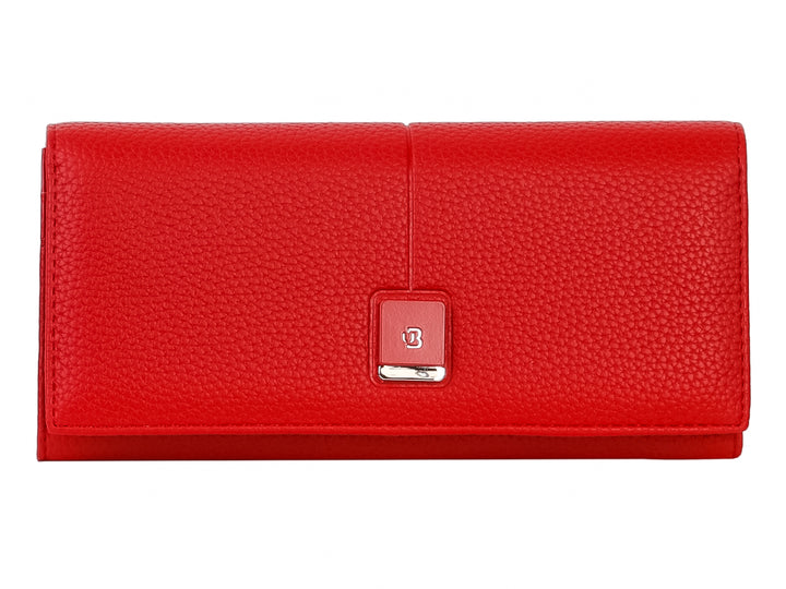 Cartera estilo sobre de color rojo con textura rugosa y detalle metálico central.