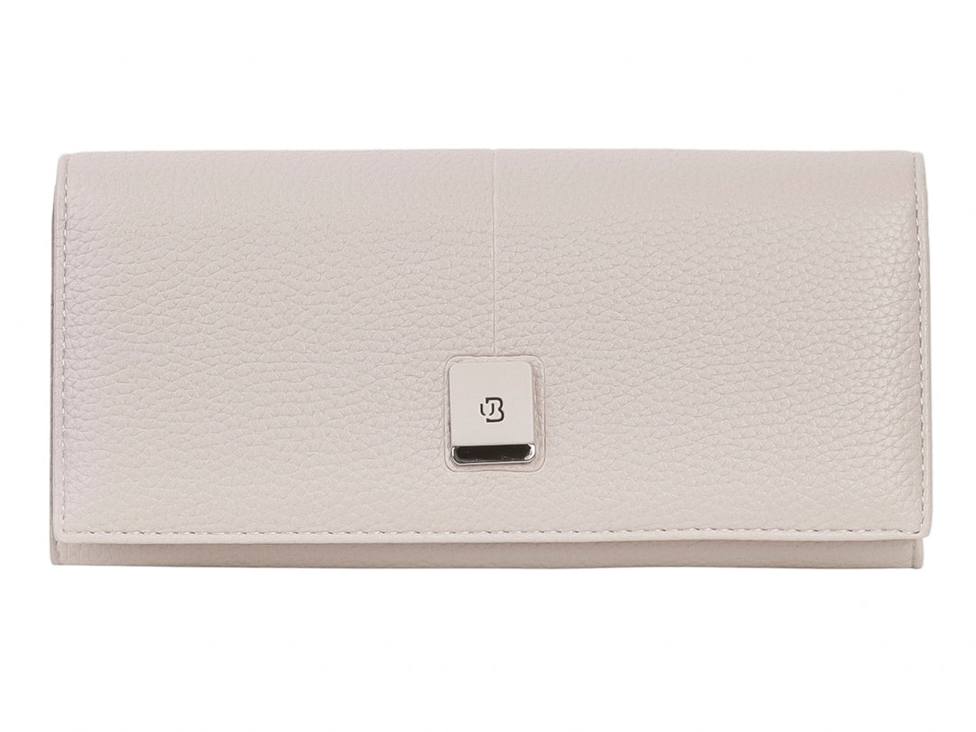Cartera Unibella color beige con textura granulada y broche metálico central cuadrado.