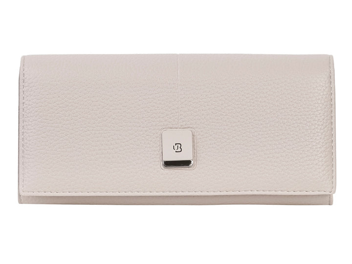 Cartera Unibella color beige con textura granulada y broche metálico central cuadrado.