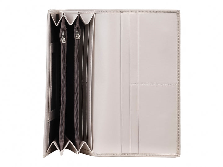 Cartera Unibella color beige con textura granulada y broche metálico central cuadrado.