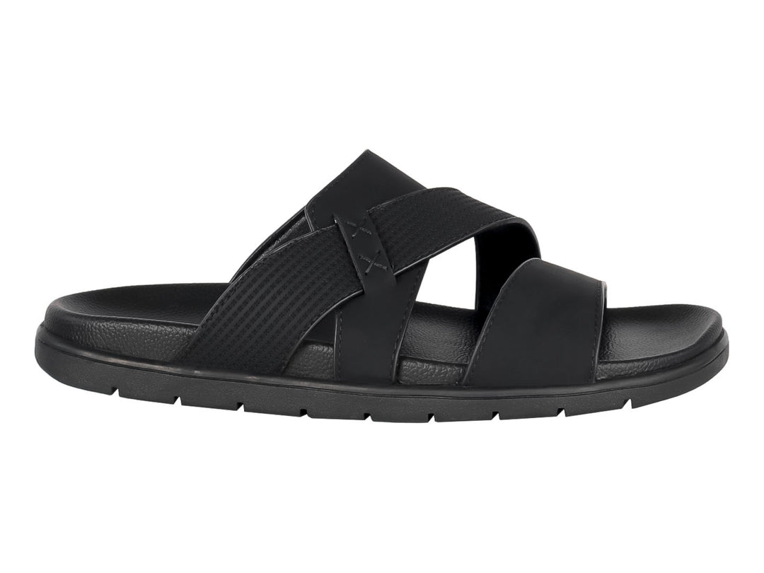 Sandalia color negro para hombre con correas cruzadas y suela gruesa.