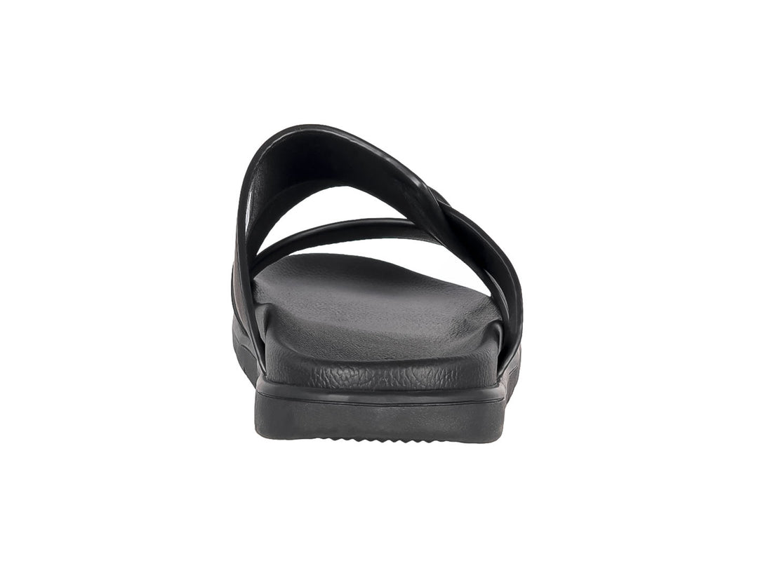 Sandalia color negro para hombre con correas cruzadas y suela gruesa.