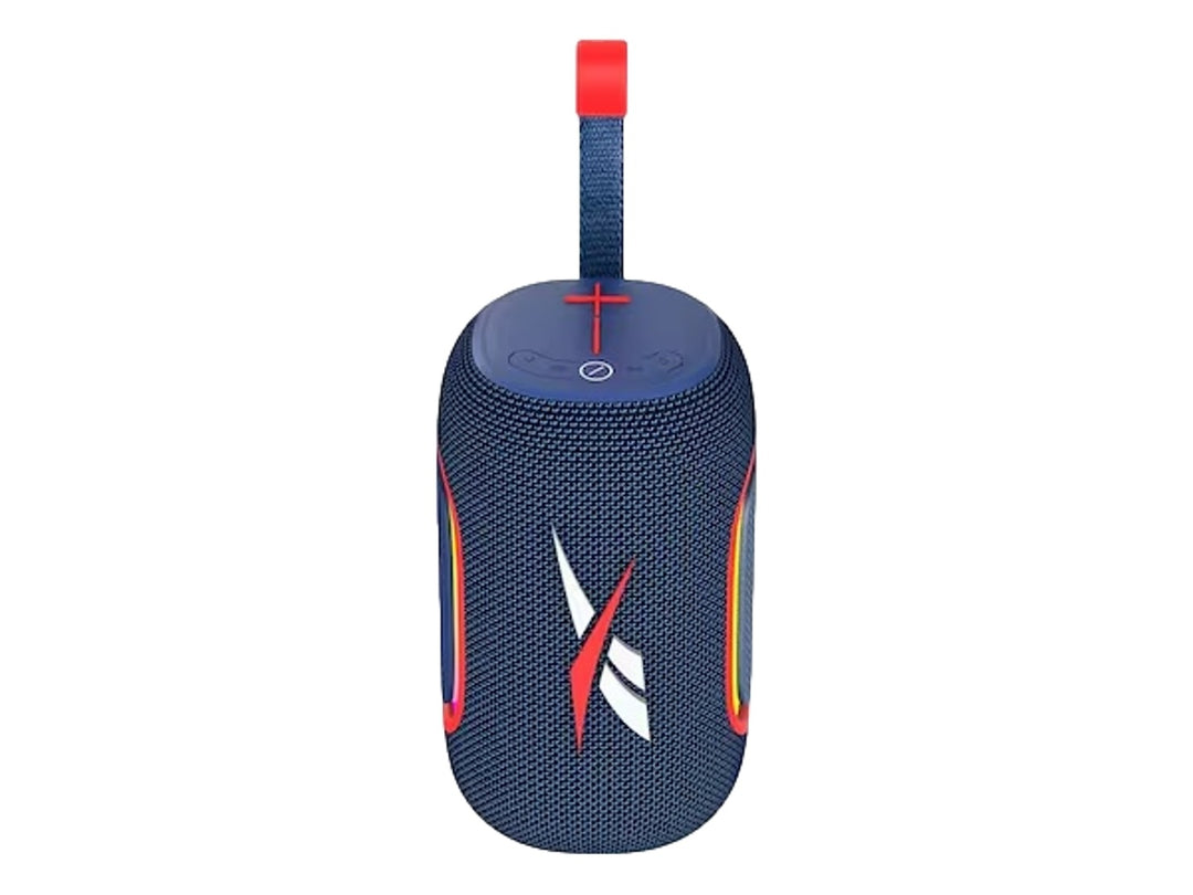 Bocina inalámbrica Reebok color azul con detalles en rojo y asa superior, diseño deportivo y compacto.