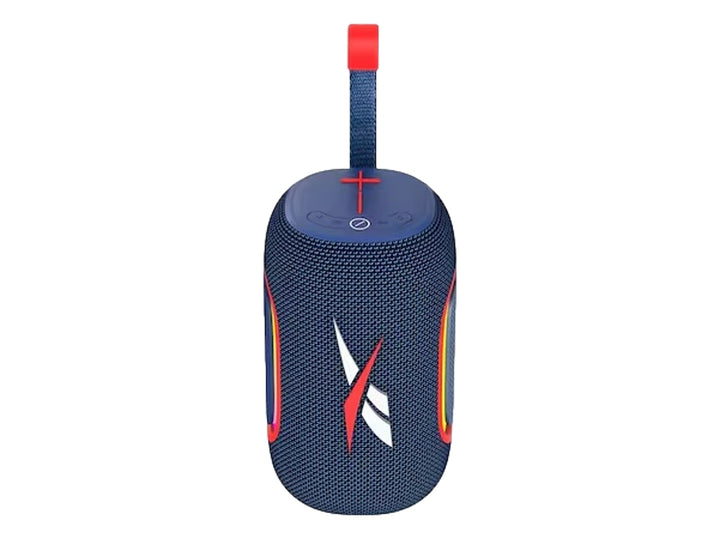 Bocina inalámbrica Reebok color azul con detalles en rojo y asa superior, diseño deportivo y compacto.