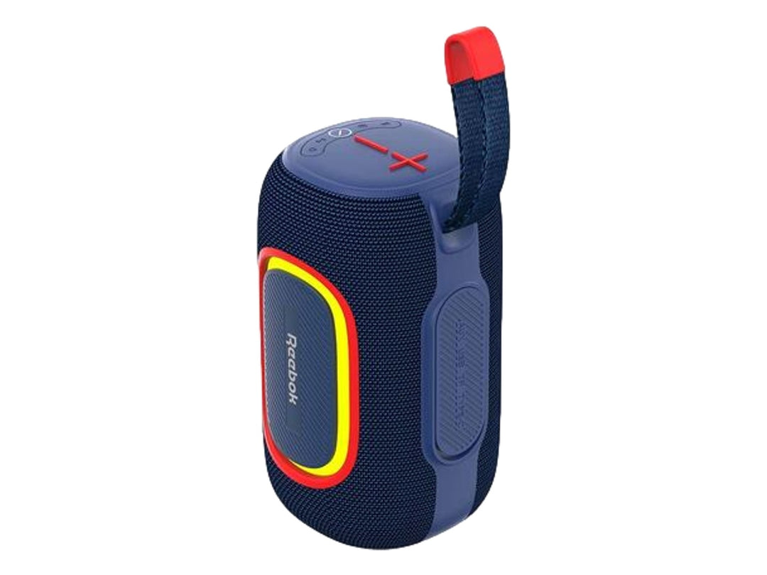 Bocina inalámbrica Reebok color azul con detalles en rojo y asa superior, diseño deportivo y compacto.