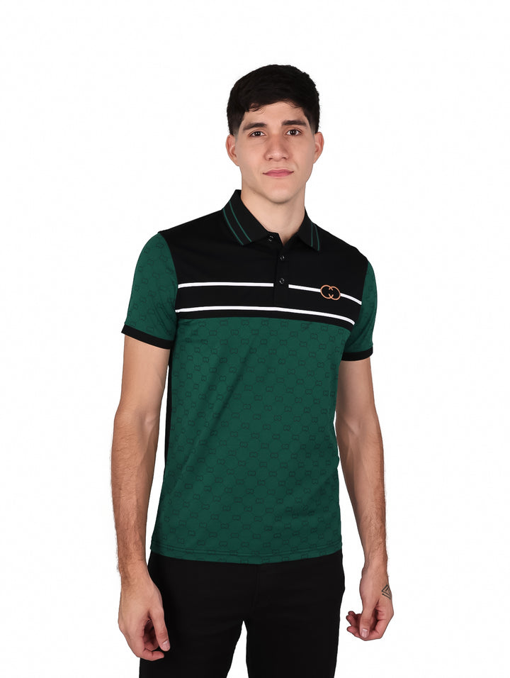 Playera polo VARESI para Hombre en colores verde y negro con detalle de franja blanca.