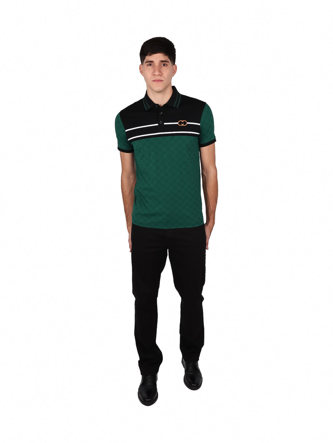 Playera polo VARESI para Hombre en colores verde y negro con detalle de franja blanca.