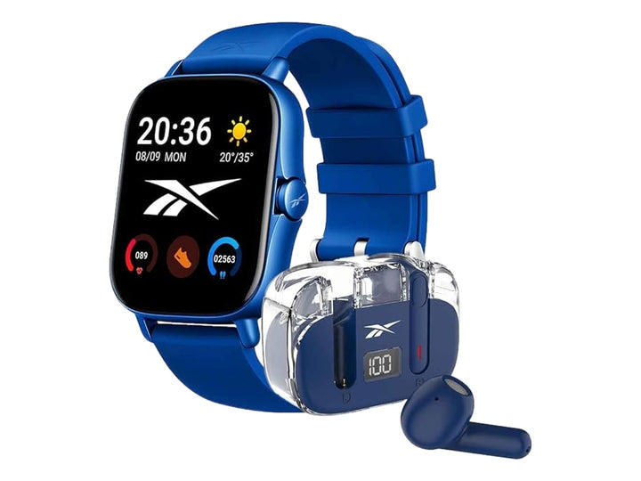 Set deportivo Reebok azul que incluye un reloj inteligente rectangular y audífonos inalámbricos con estuche.