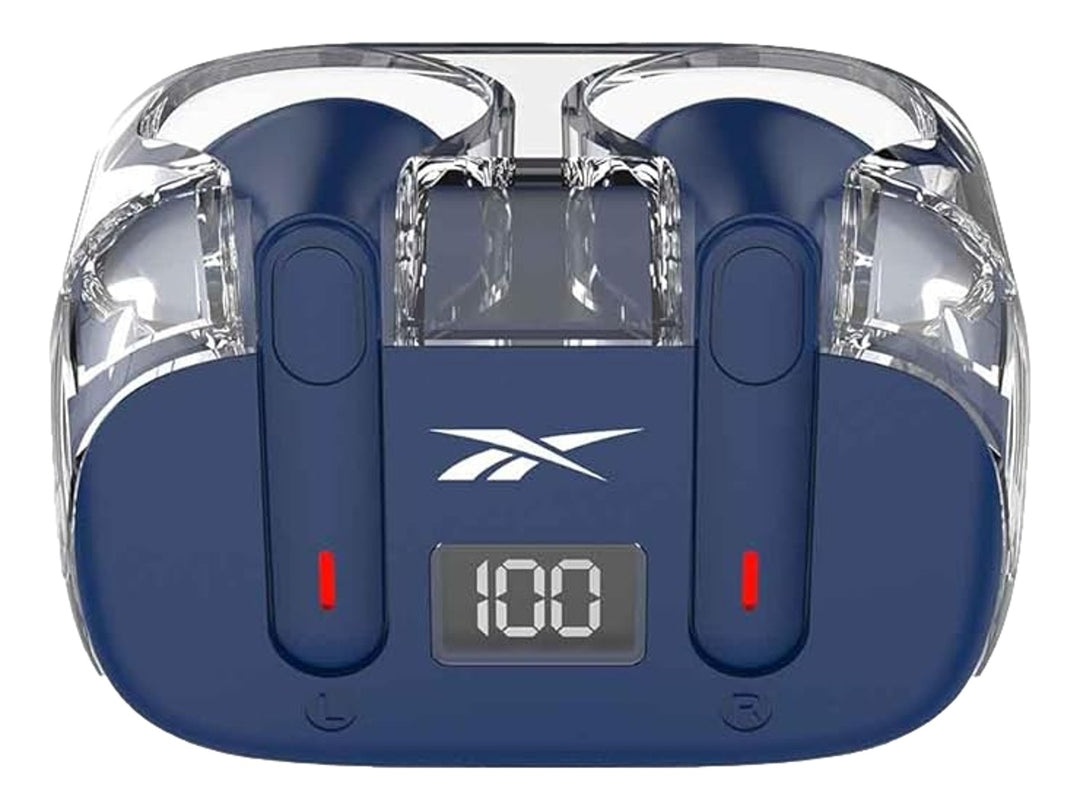 Set deportivo Reebok azul que incluye un reloj inteligente rectangular y audífonos inalámbricos con estuche.