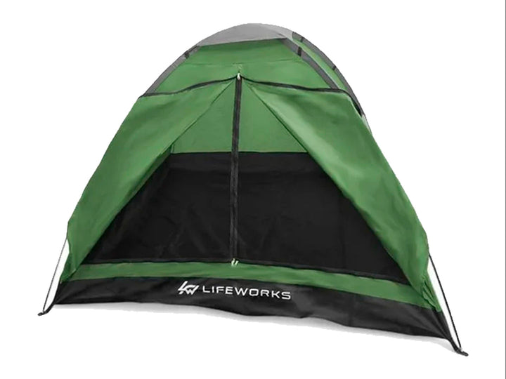 Tienda de campaña Lifeworks para 2 personas en color verde con base negra y techo gris.