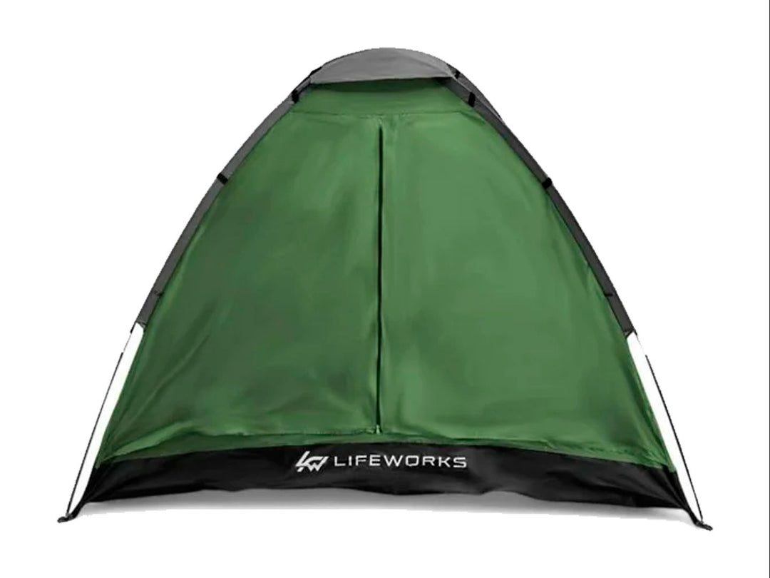 Tienda de campaña Lifeworks para 2 personas en color verde con base negra y techo gris.