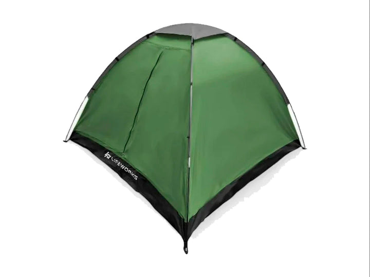 Tienda de campaña Lifeworks para 2 personas en color verde con base negra y techo gris.