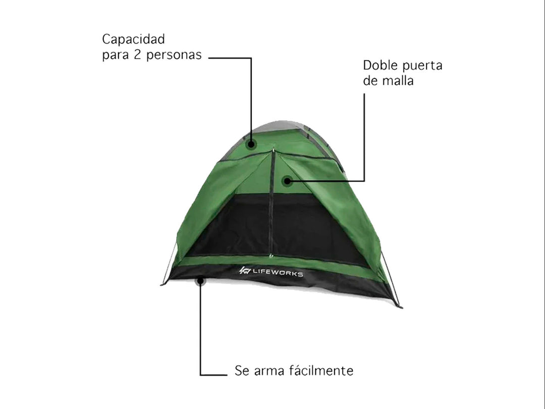Tienda de campaña Lifeworks para 2 personas en color verde con base negra y techo gris.