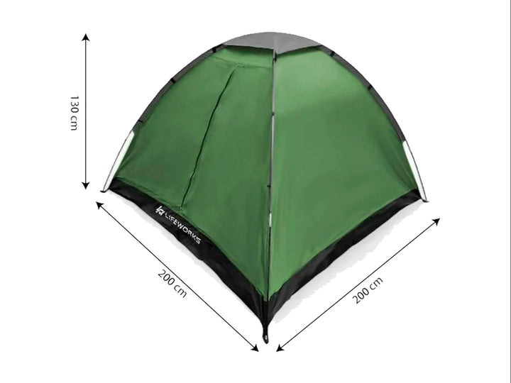 Tienda de campaña Lifeworks para 2 personas en color verde con base negra y techo gris.