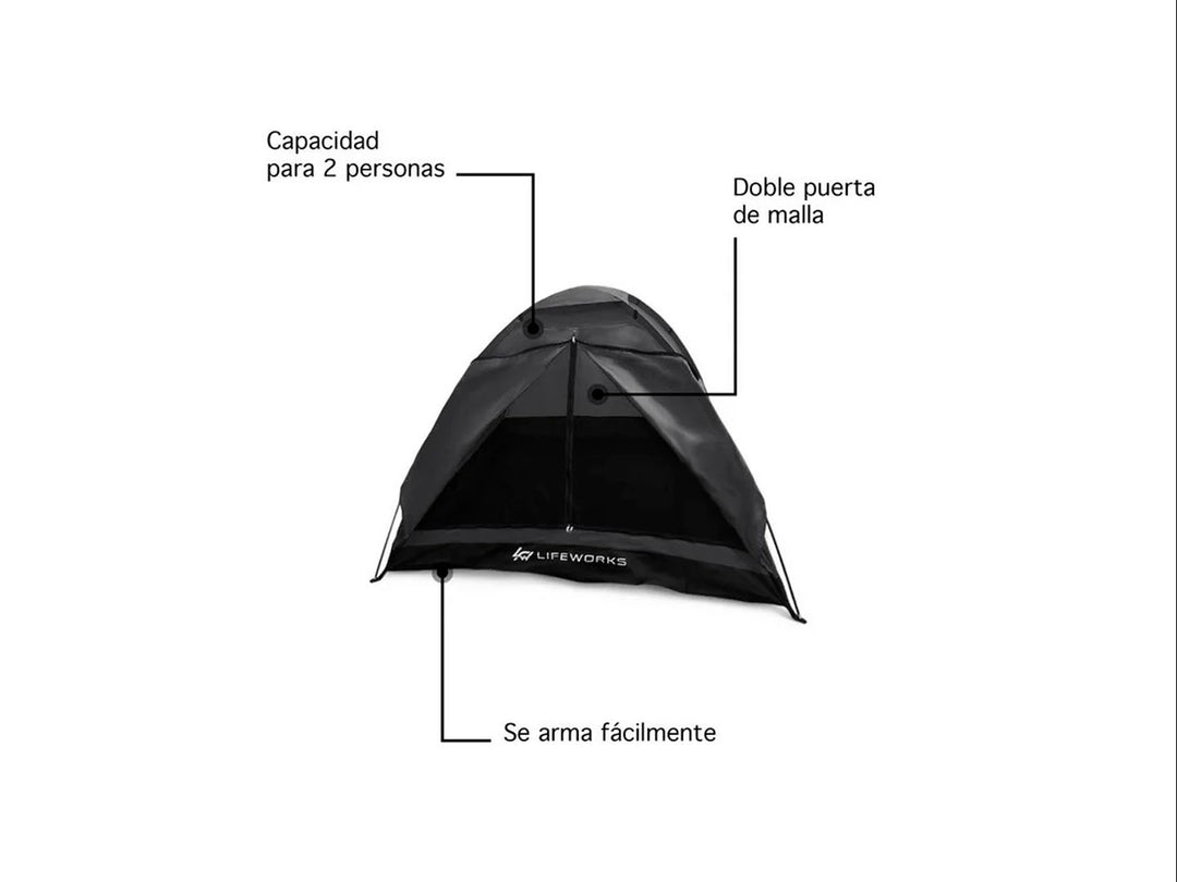 Tienda de campaña Lifeworks para 2 personas en color negro con diseño de domo y malla frontal.