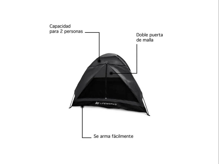Tienda de campaña Lifeworks para 2 personas en color negro con diseño de domo y malla frontal.