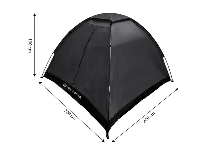 Tienda de campaña Lifeworks para 2 personas en color negro con diseño de domo y malla frontal.