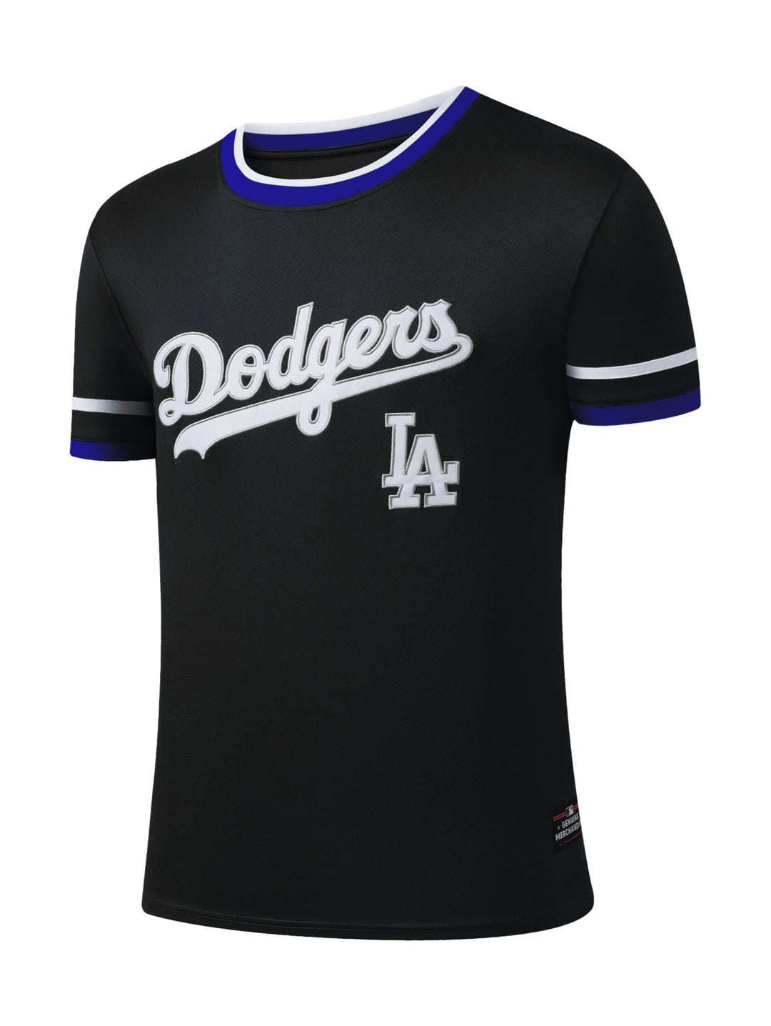 Playera deportiva negra de entrenamiento con logotipo de los Dodgers en blanco y detalles en azul y blanco.