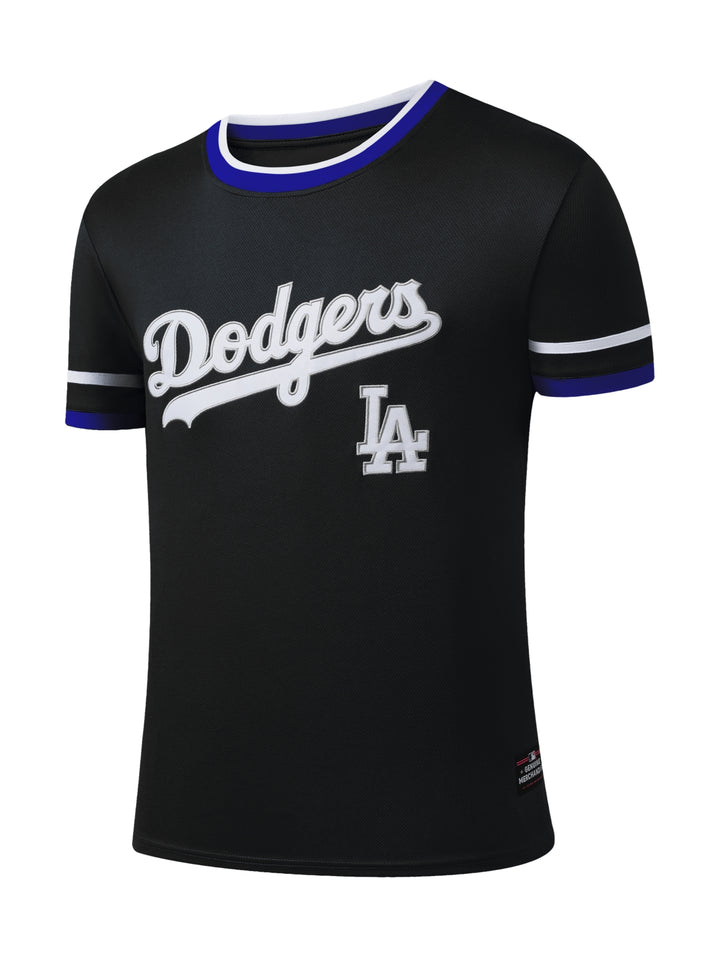 Playera deportiva negra de entrenamiento con logotipo de los Dodgers en blanco y detalles en azul y blanco.